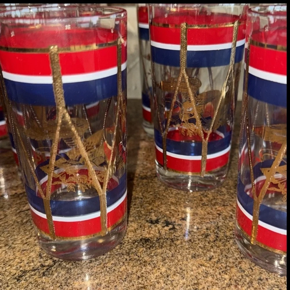 Set/8 Antique House Art Hi Ball Set Red White Blue & Gold Eagle Drum Design